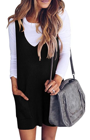 Imily Bela Womens Ribbed Deep V Neck Knitted Shift Dress Tank Vest Sweater