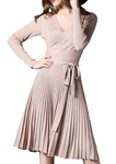 Women V Neck Long Sleeve Mock Wrap Fit Flare Belted Knit Sweater Dress