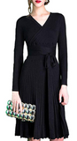 Women V Neck Long Sleeve Mock Wrap Fit Flare Belted Knit Sweater Dress