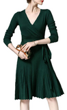 Women V Neck Long Sleeve Mock Wrap Fit Flare Belted Knit Sweater Dress