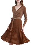 Women V Neck Long Sleeve Mock Wrap Fit Flare Belted Knit Sweater Dress