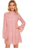 SheIn Women's Crochet Pom-pom Sheer Lace Bell Sleeve Dress