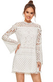 SheIn Women's Crochet Pom-pom Sheer Lace Bell Sleeve Dress