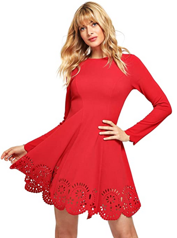 Romwe Women's Scalloped Hem Stretchy Knit Flared Skater A-line Dress